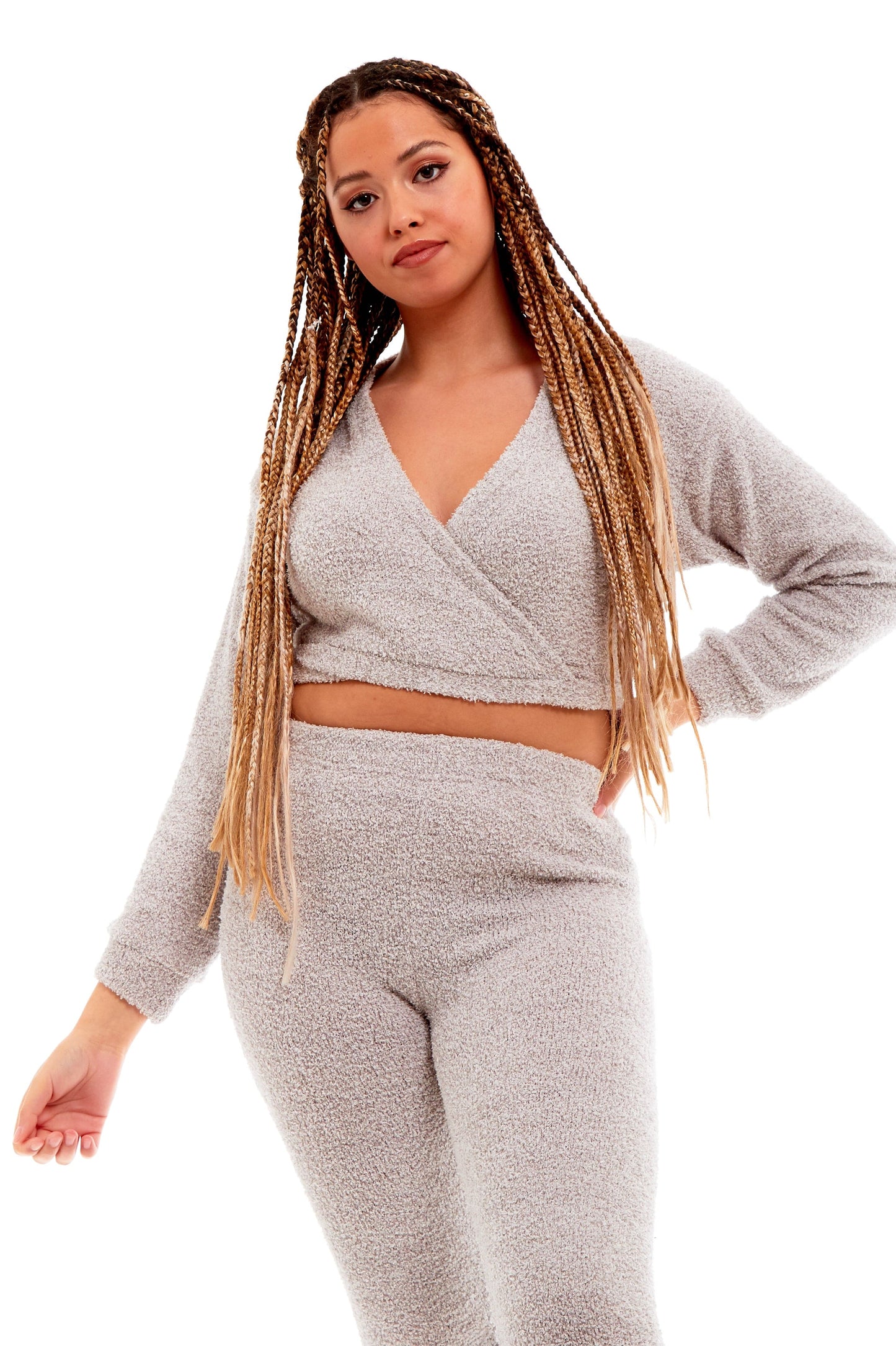 Women's Teddy Fleece Loungewear Set – Wrap Top & Stretch Pants