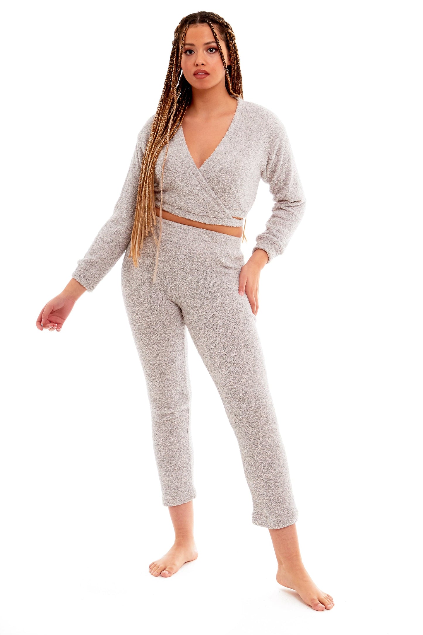Women's Teddy Fleece Loungewear Set – Wrap Top & Stretch Pants