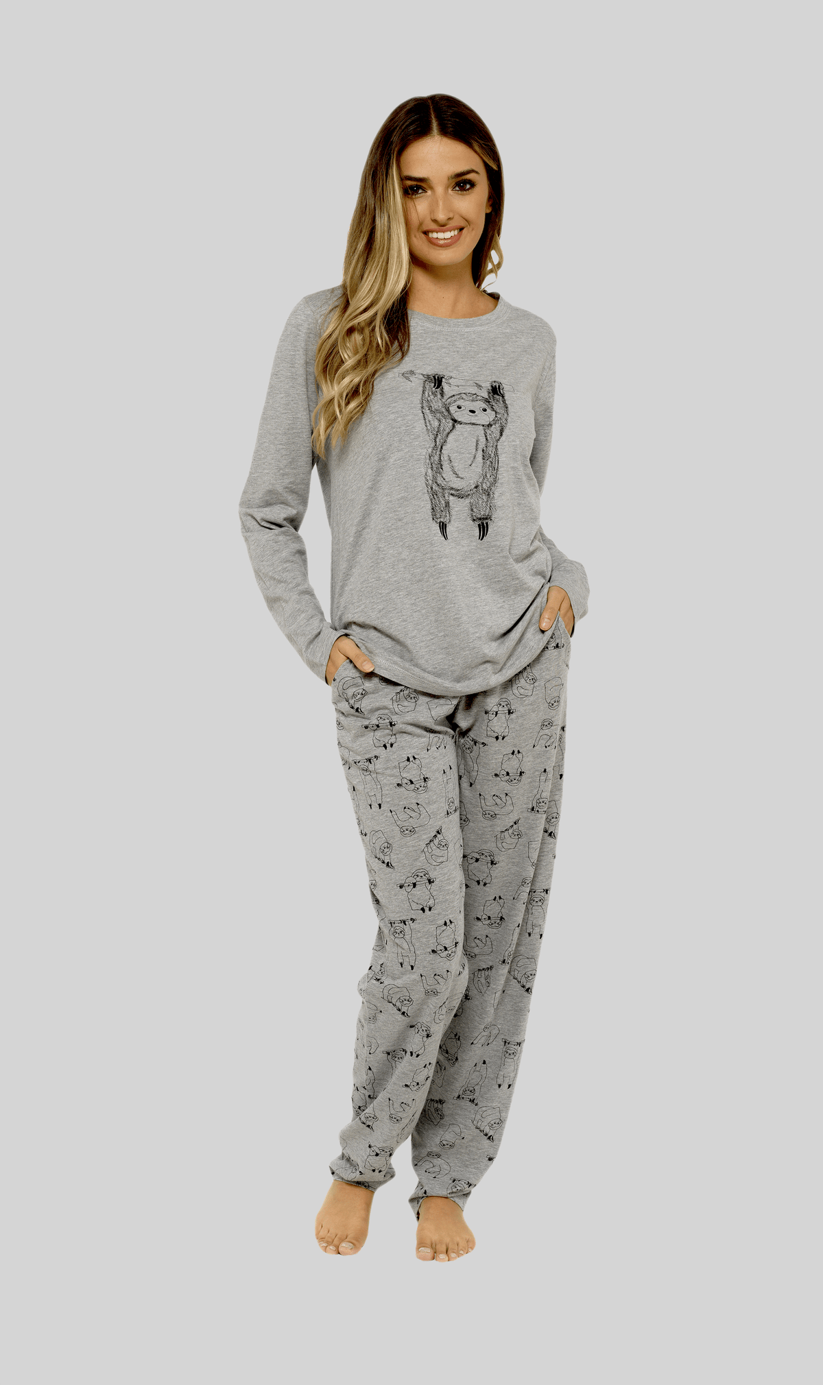 Women's Grey Sloth Cotton Pyjama Set – Long Sleeve