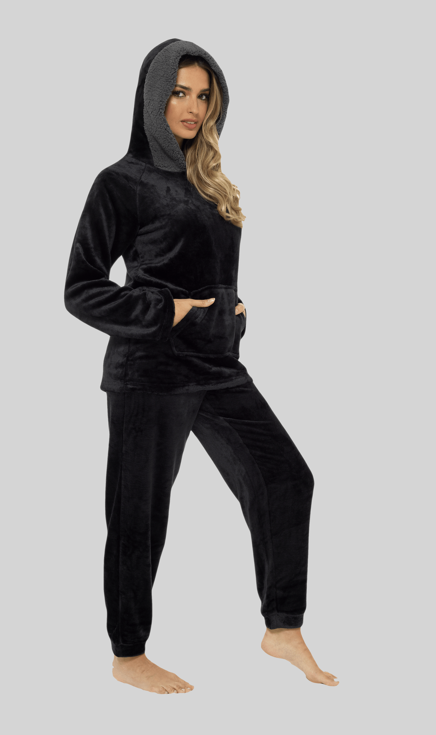 Women's Hooded Pyjama Set | Black Plush Fleece with Sherpa Lining | 100% Polyester | Ultra Soft | Sizes UK 8–22