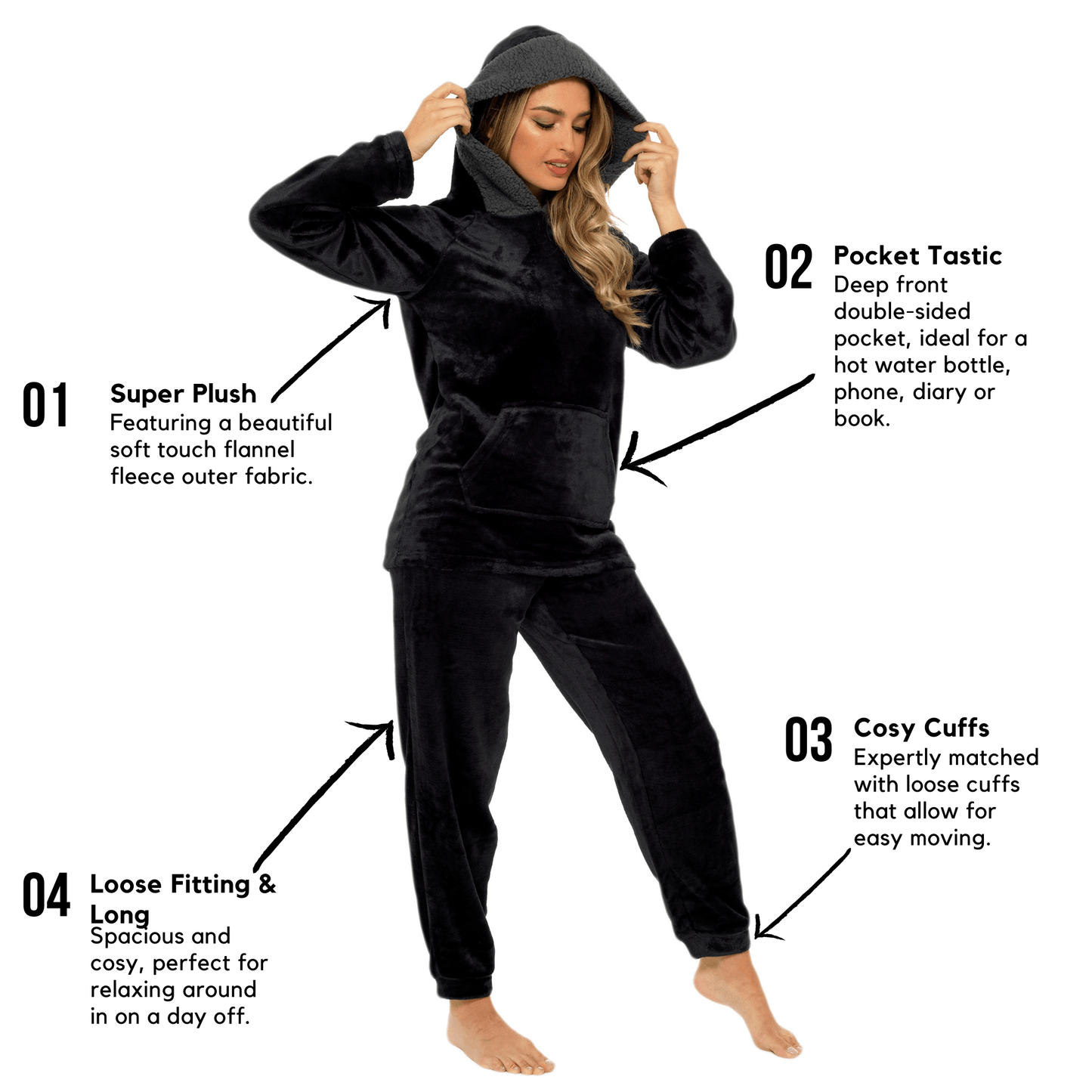 Women's Hooded Pyjama Set | Black Plush Fleece with Sherpa Lining | 100% Polyester | Ultra Soft | Sizes UK 8–22
