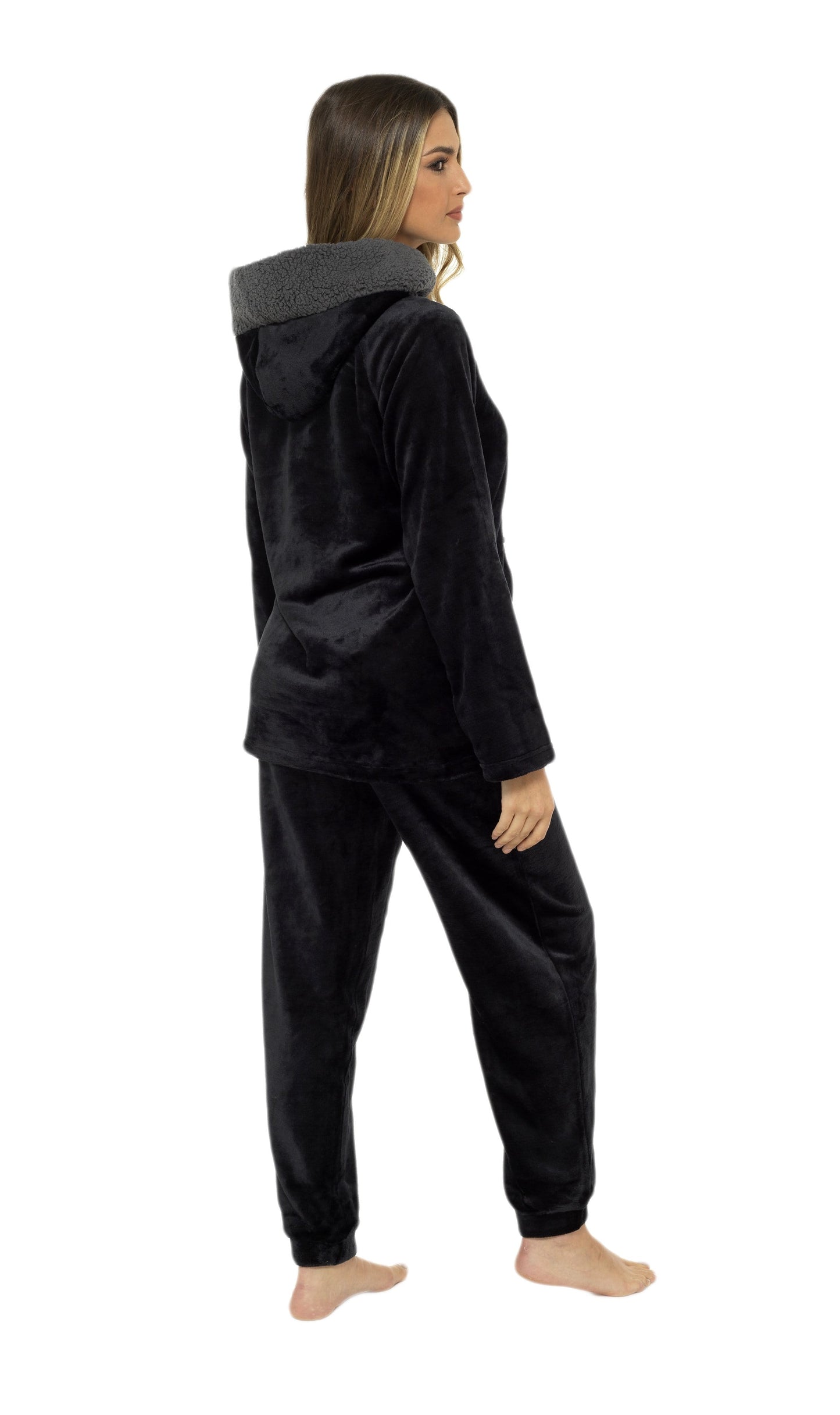 Women's Hooded Pyjama Set | Black Plush Fleece with Sherpa Lining | 100% Polyester | Ultra Soft | Sizes UK 8–22