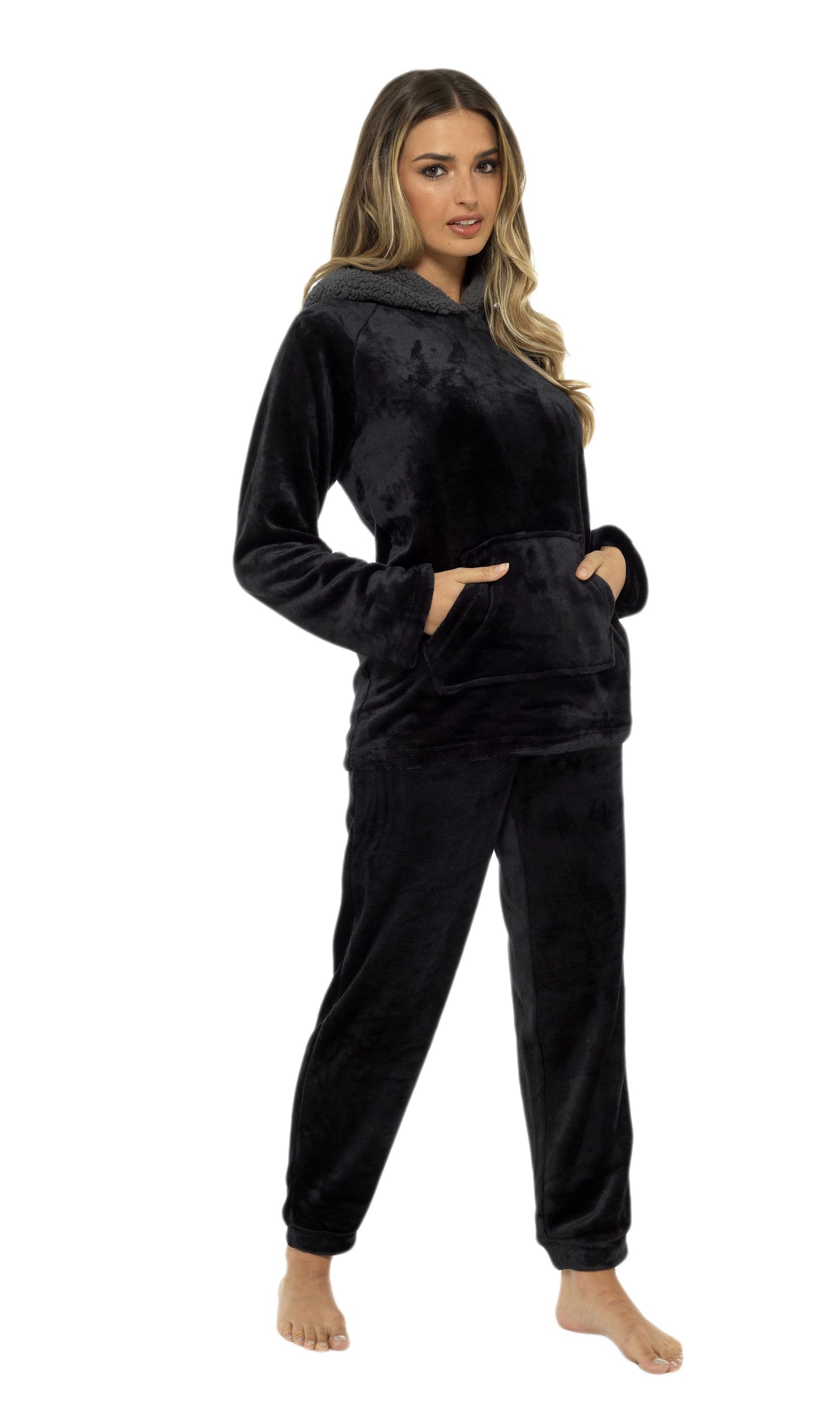 Women's Hooded Pyjama Set | Black Plush Fleece with Sherpa Lining | 100% Polyester | Ultra Soft | Sizes UK 8–22