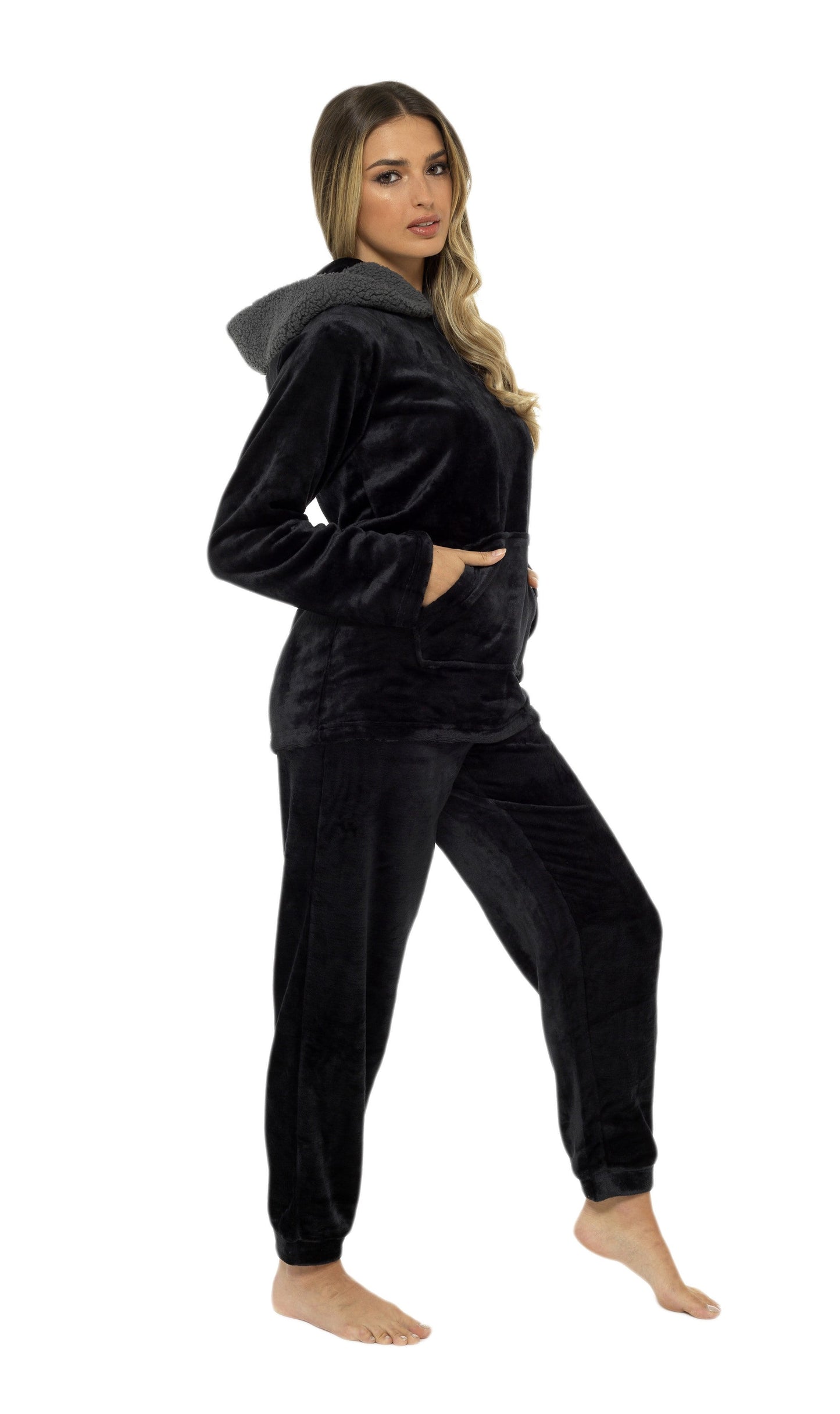 Women's Hooded Pyjama Set | Black Plush Fleece with Sherpa Lining | 100% Polyester | Ultra Soft | Sizes UK 8–22