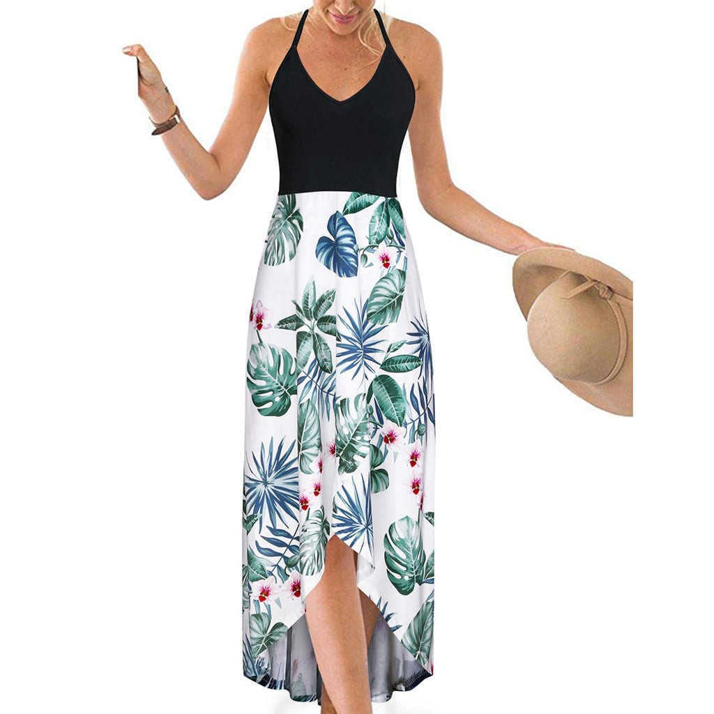 V-neck Strap Sleeveless Backless Color-matching Dress