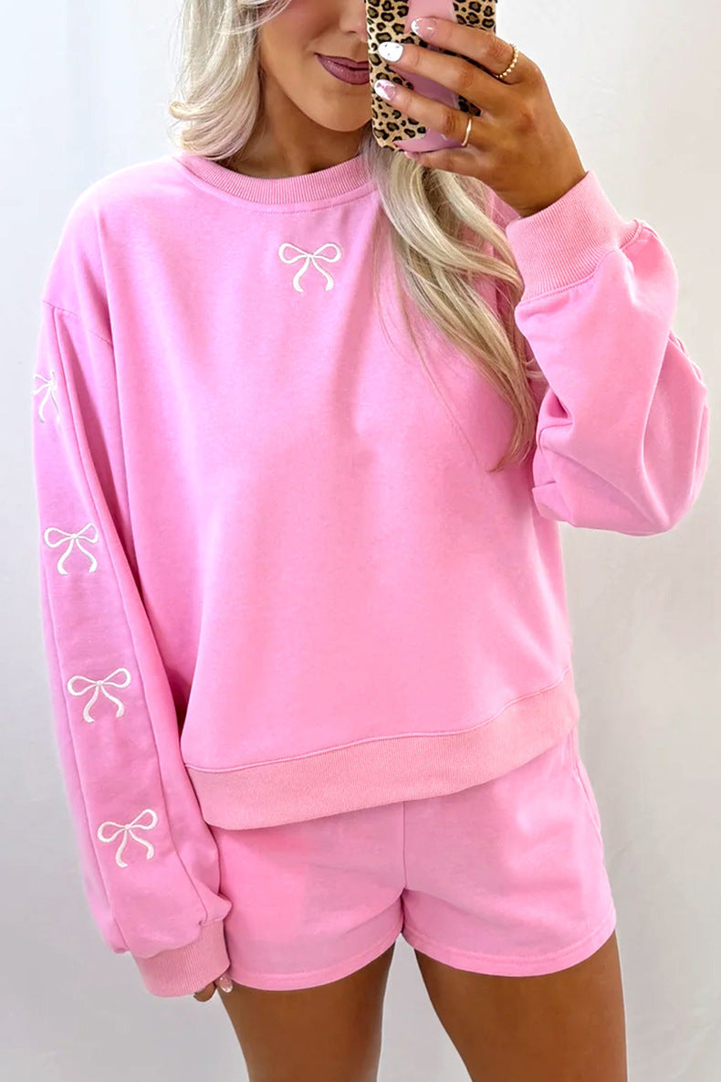 Casual Loose-fit Crew-neck Pullover Solid-color Embroidered Long-sleeve Top And Shorts Set