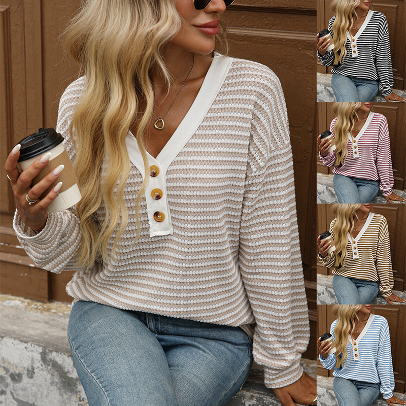 Women's V-neck Buttons Pullover Patchwork Casual Long-sleeved Top
