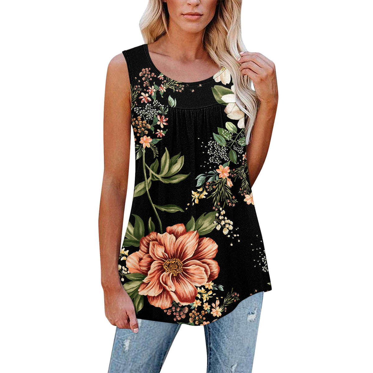 Flower Print Sleeveless Pleated Casual Loose Vest T-shirt Women's Clothing