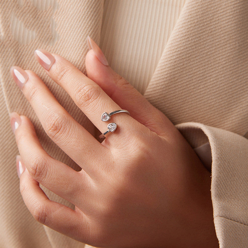 S925 Sterling Silver Double Heart-shaped Open Ring Valentine's Day Gift Heart-shaped Ring