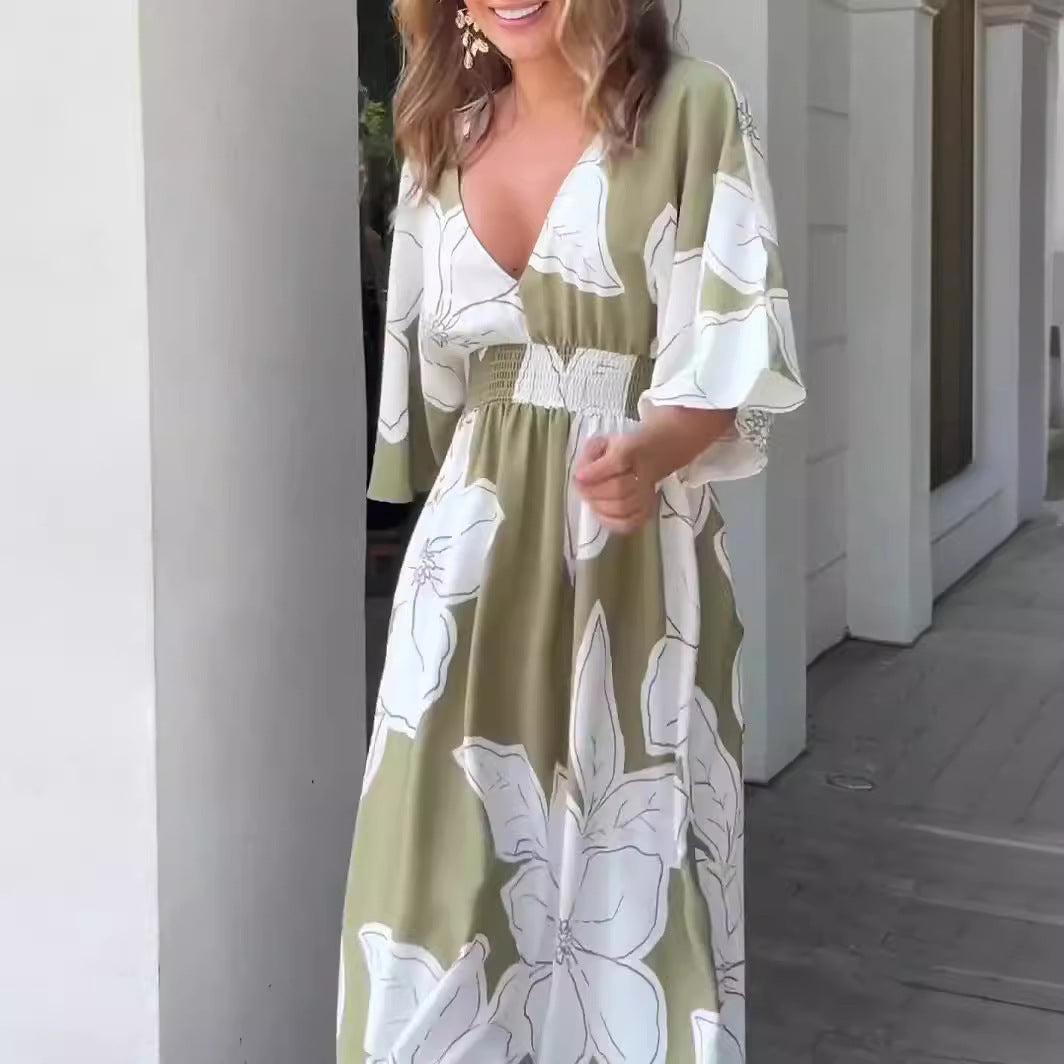 Flower Printed V-neck Batwing-sleeved Dress Fashion Elegant Backless Long Dresses Women's Clothing