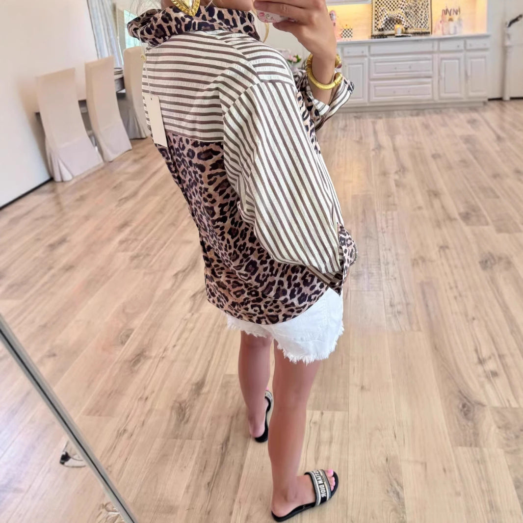 Fashionable Casual Versatile Long-sleeve Leopard-print Patchwork Cardigan Striped Shirt