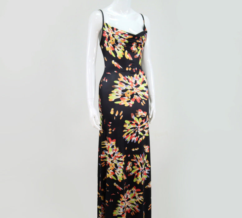 Summer New Fashion Sexy Printed Backless Sling Dress