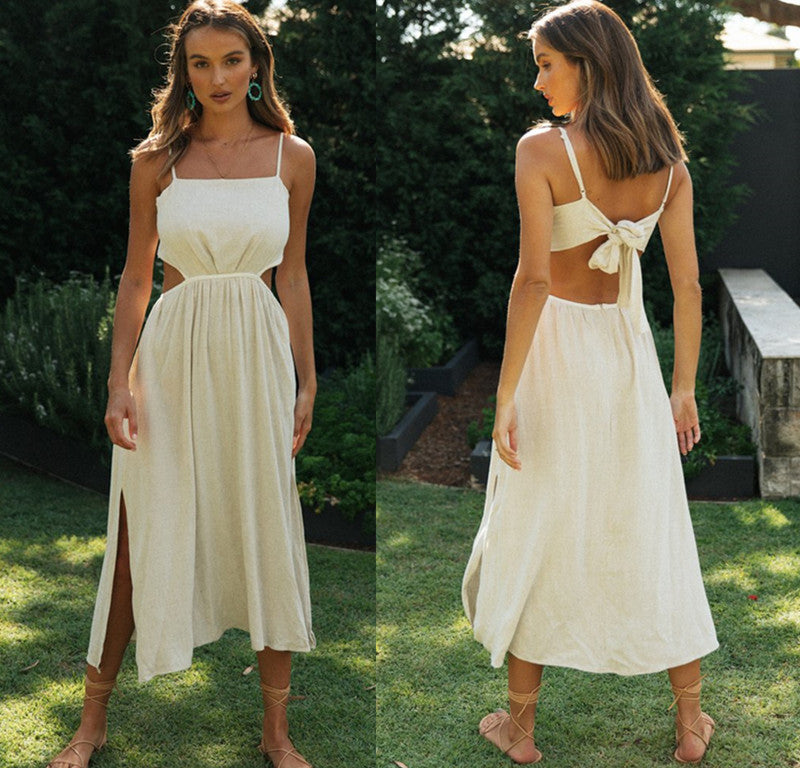 Spring and Summer Women Backless Lace-up Irregular Slit Dress