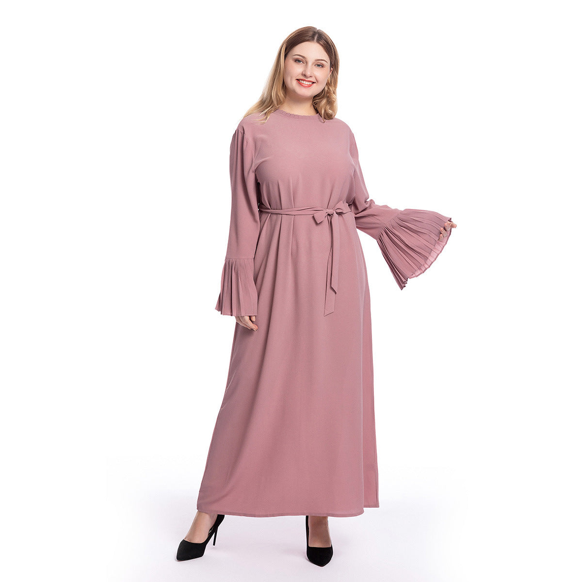 Women's Crew Neck Pleated Patchwork Horn Sleeve Slim Dress