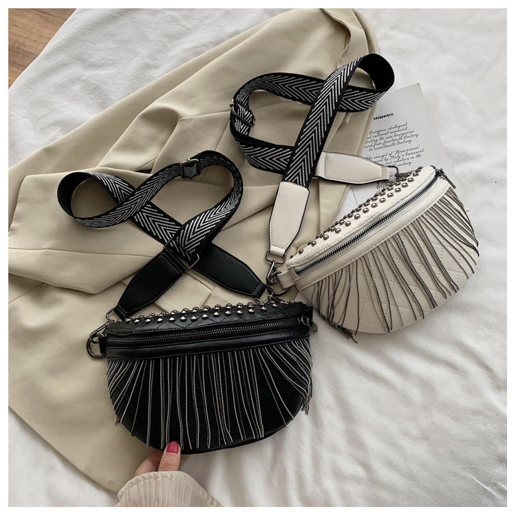 Fashion Solid Color Rivet Tassel Chest Bag