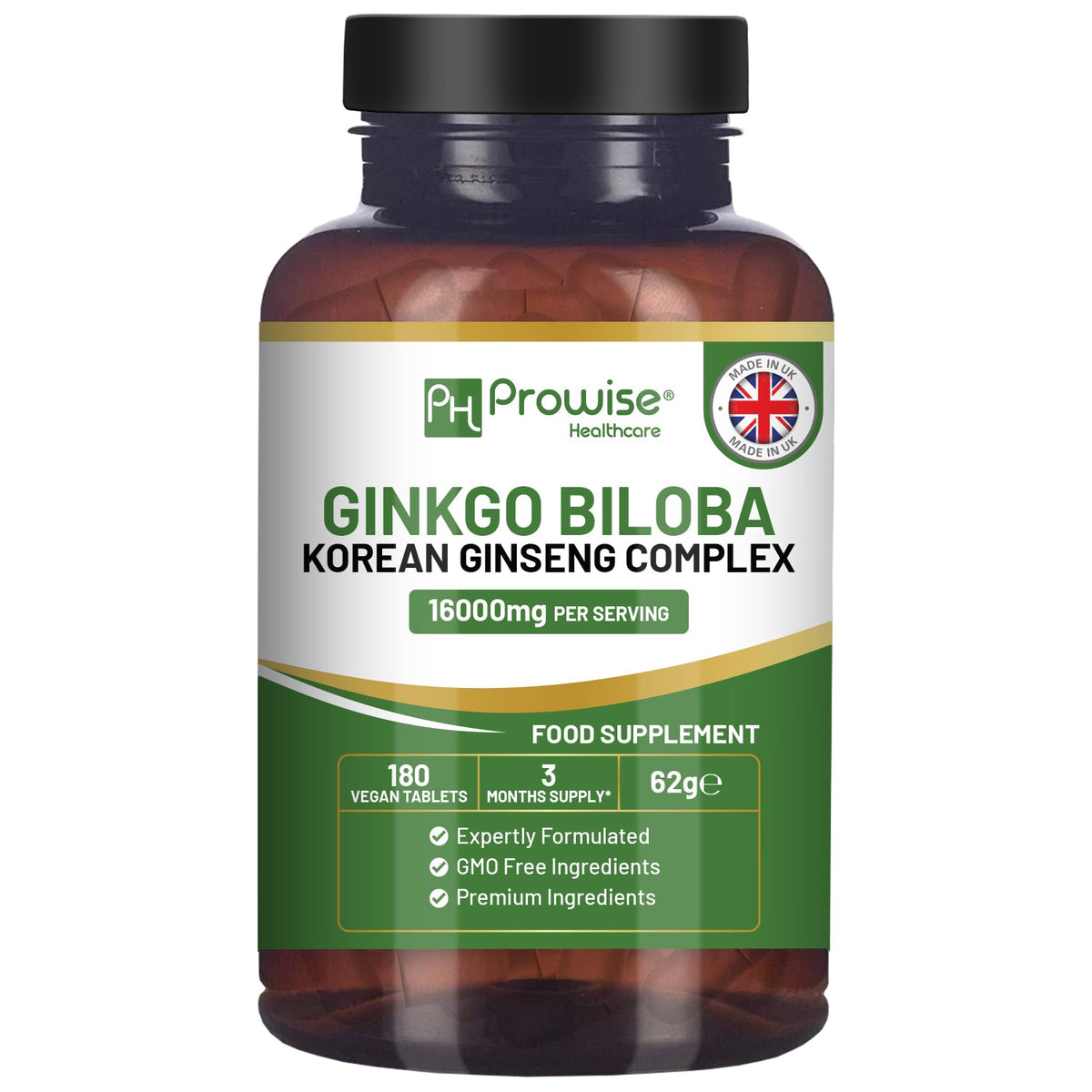 Ginkgo Biloba and Korean Ginseng Tablets 16000mg 180 Vegan Tablets by Prowise