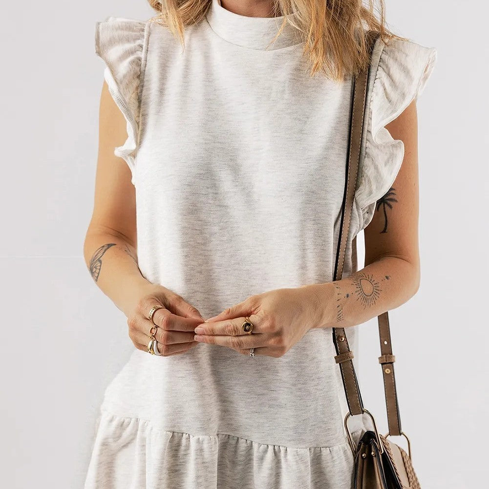 White Flutter Sleeve Crew Neck  Dress
