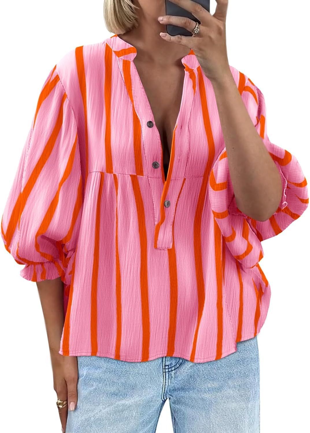 Women's Striped Puff Sleeve Top | Loose Fit Long Sleeve Pullover