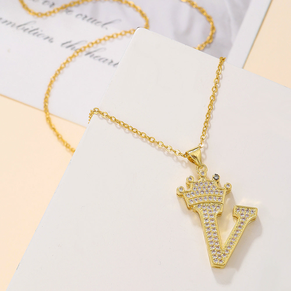 1PCS Fashionable Gold Diamond Crown Uppercase Letter Popular Pendant Necklace Suitable For Daily Use Festivals Parties Gifts Jewelry Set