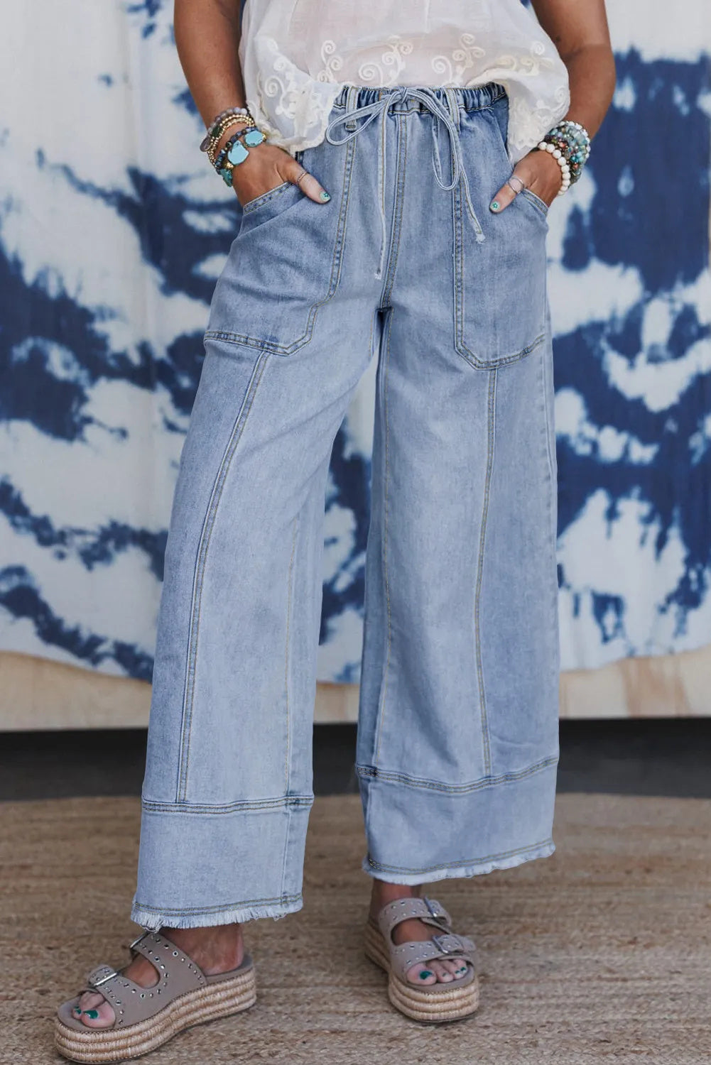 Beau Blue Drawstring Seam Detail Raw Hem Wide Leg Denim Pants