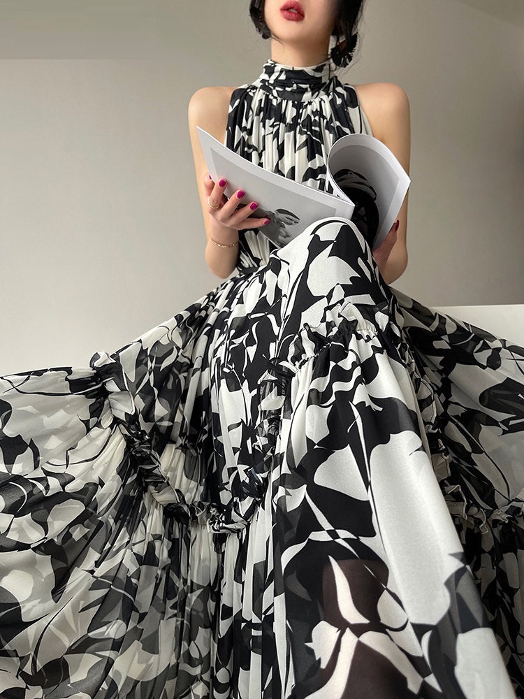 Summer French Haute Couture Black Floral Halter Neck Dress