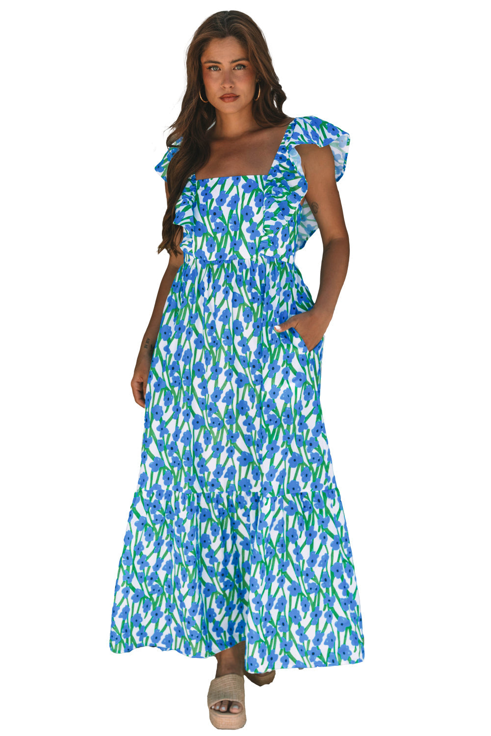 Pink Floral Print Square Neck Ruffled Strap Maxi Dress