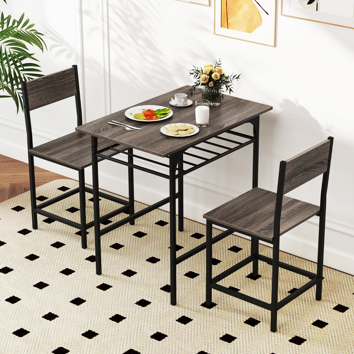 Dining Table Set for 2 with Metal Frame and Storage Rack-Rustic Brown
