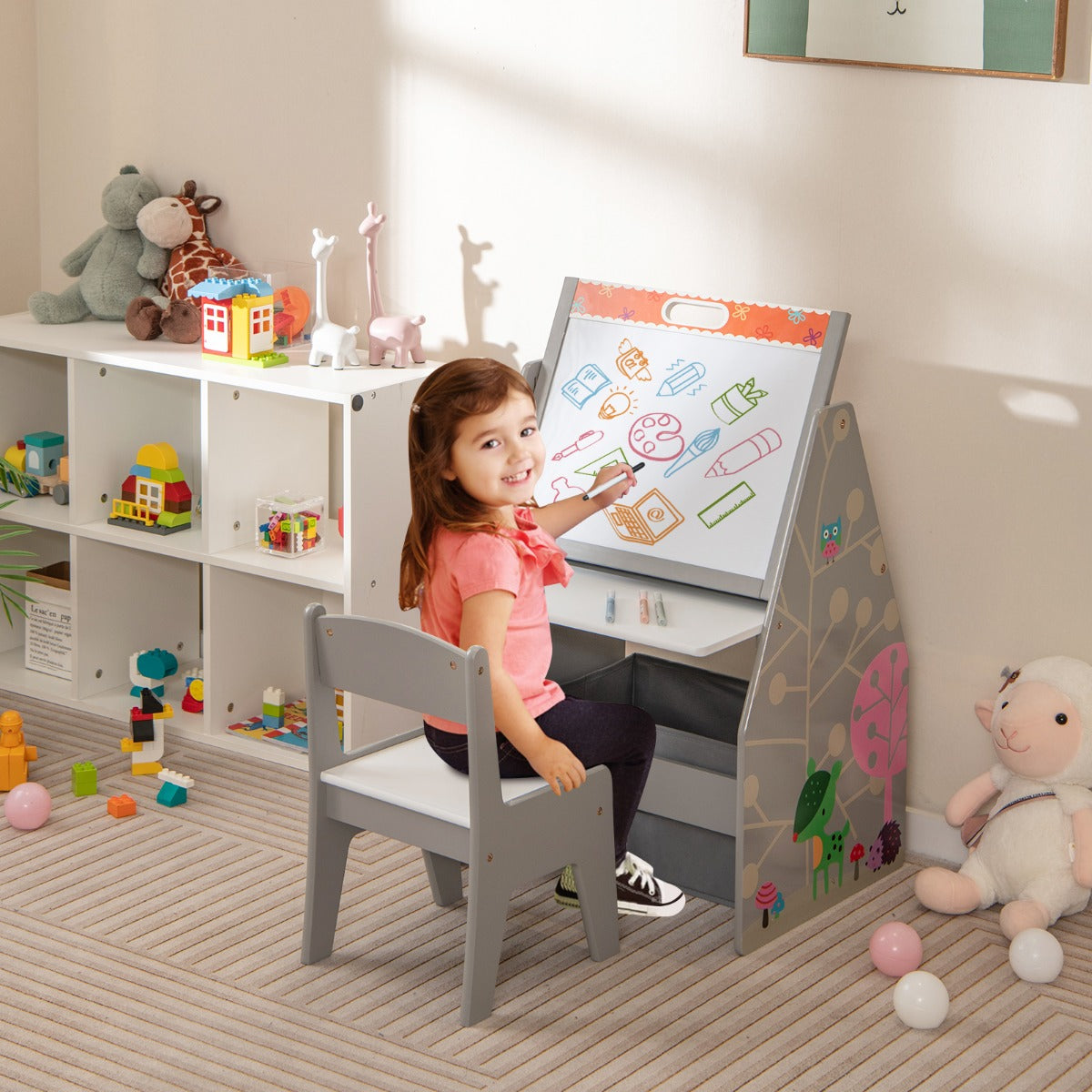 Double-Sided Kids Art Easel and Play Station for Boys Girls-Grey