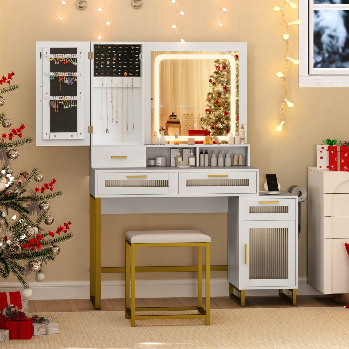 Dressing Table and Chair Set with 3 Lighting Modes and Adjustable Brightness-White