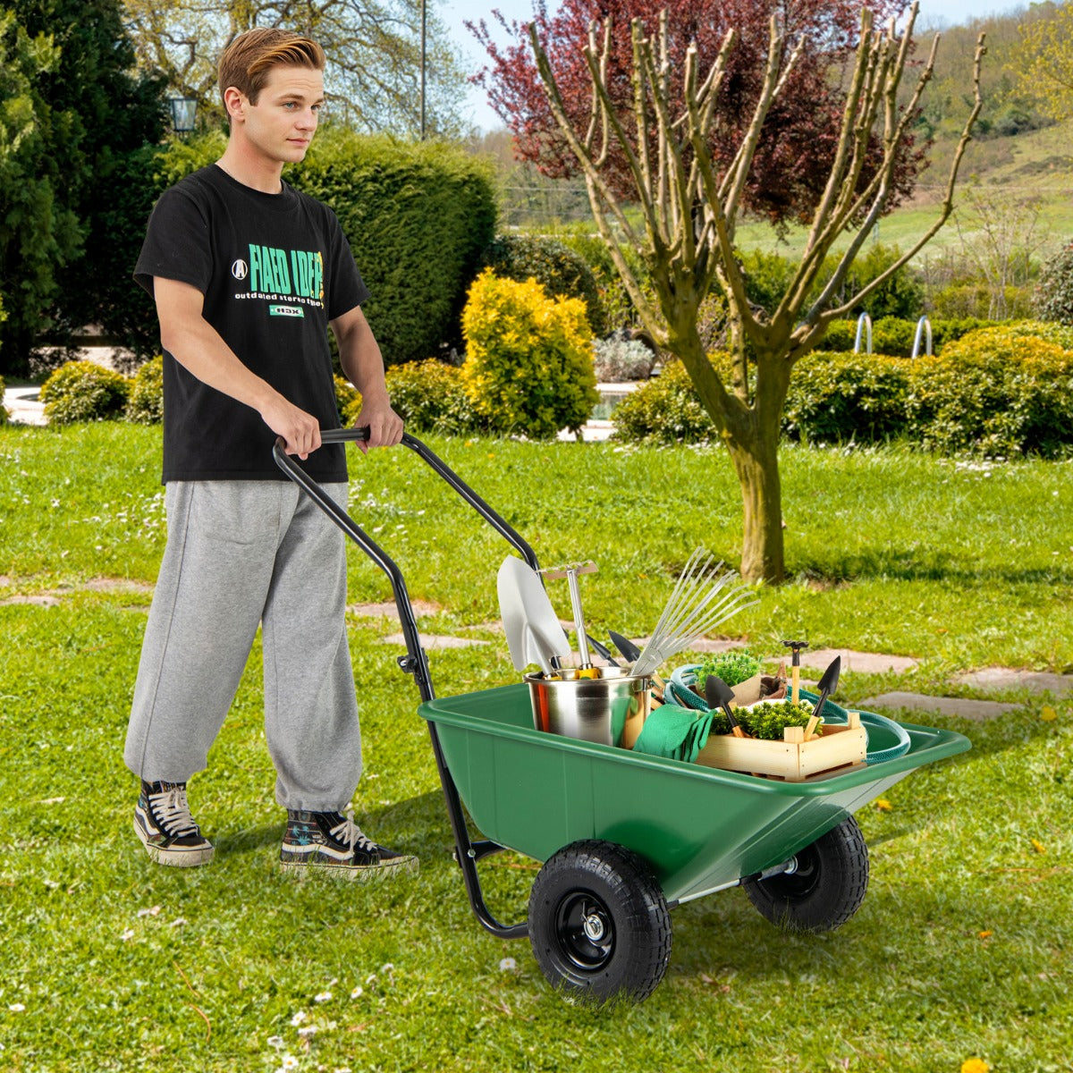 Heavy-Duty Garden Utility Cart with Pneumatic Tires-Black