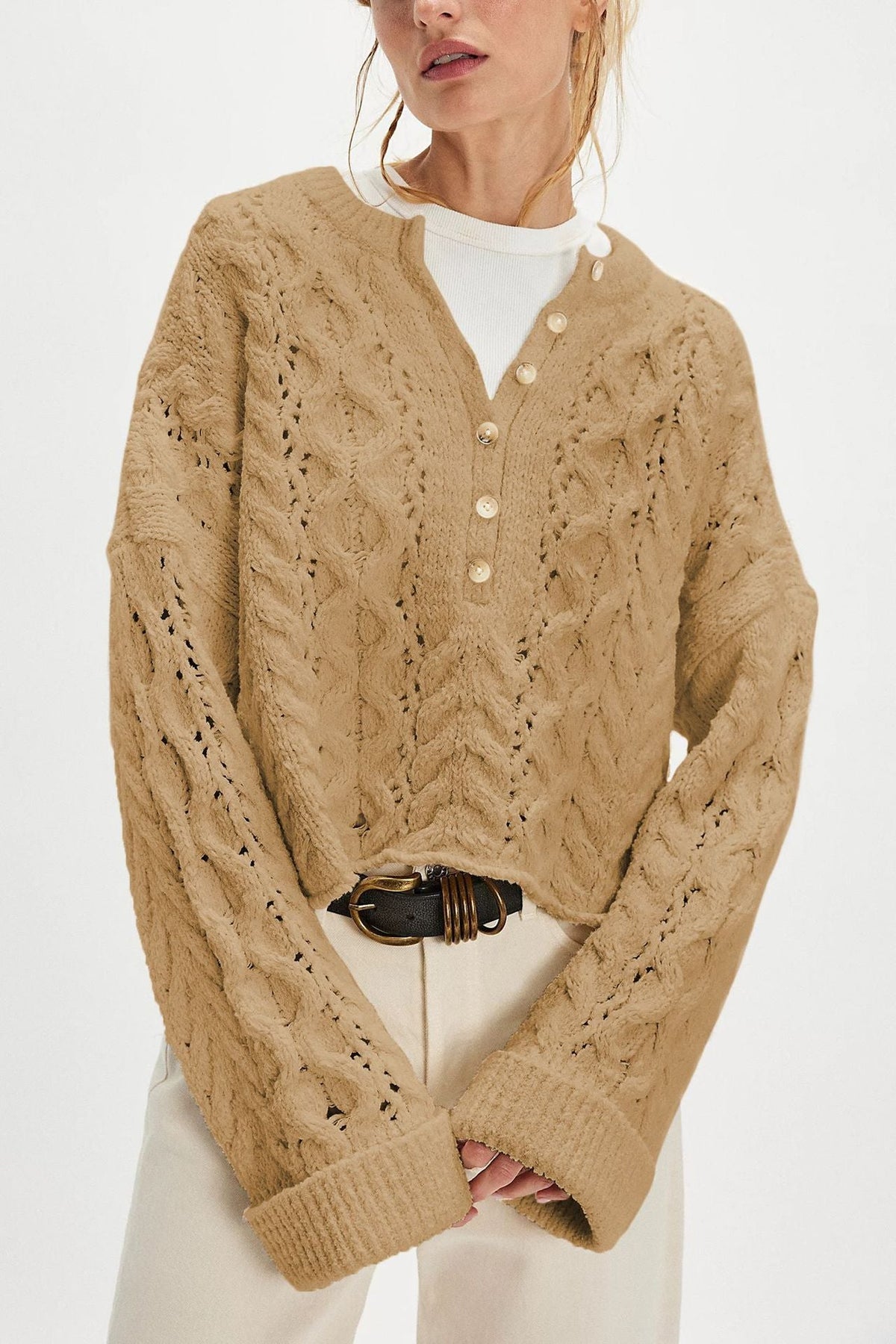 Cable Loose-fitting Solid Color Pullover Sweater