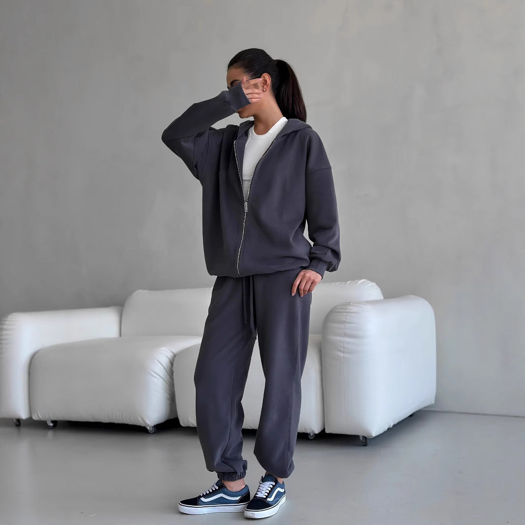 Street Style Long-sleeved Coat And Trousers Two-piece Set