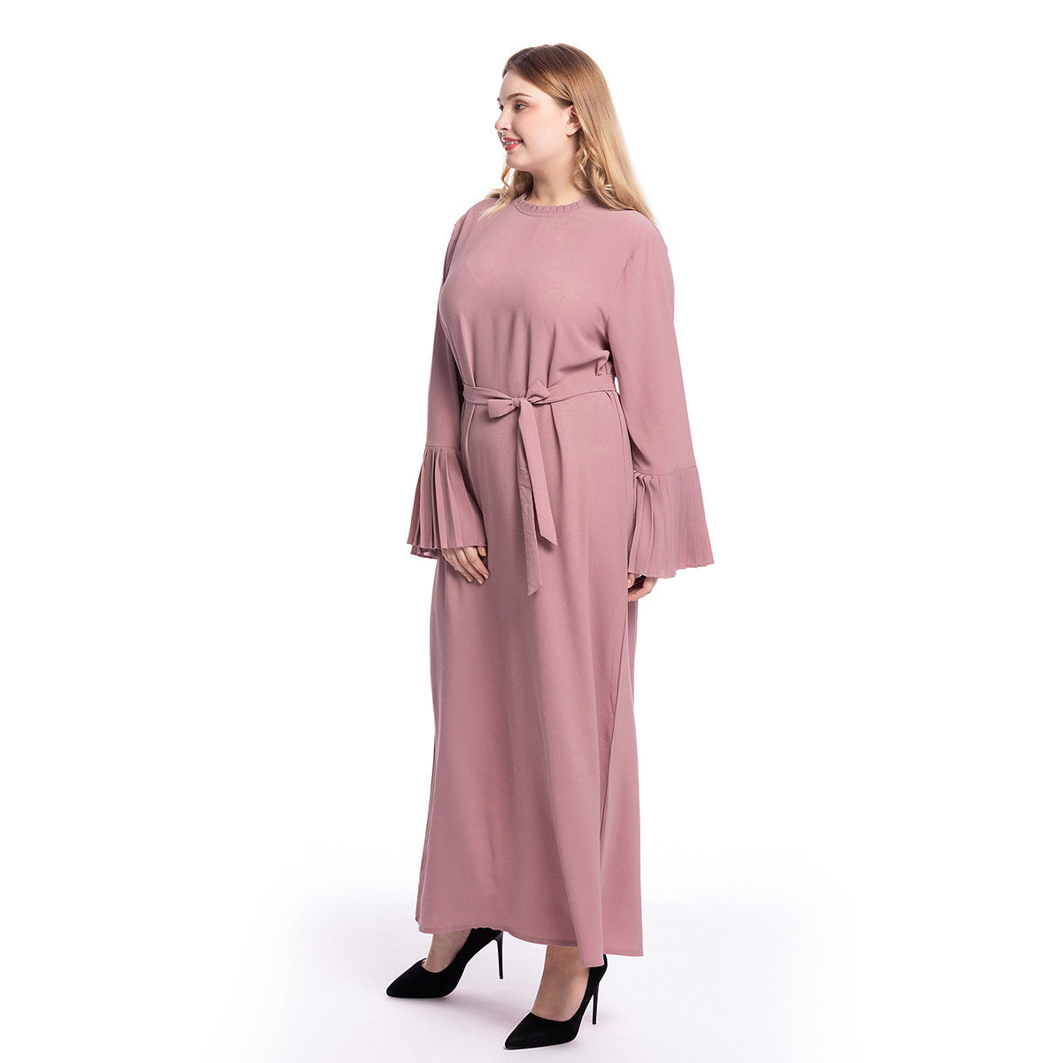 Women's Crew Neck Pleated Patchwork Horn Sleeve Slim Dress