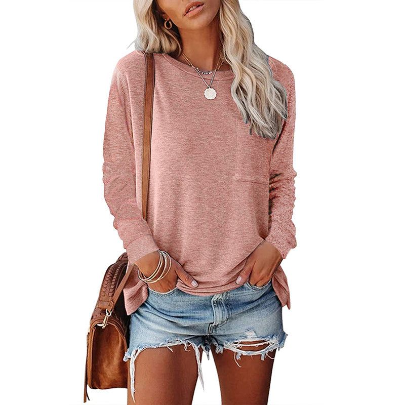 Women's Pocket Split Long Sleeve T-Shirt | Casual Round Neck Layering Top