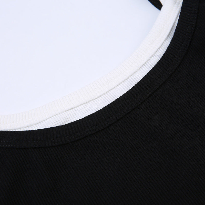 Black And White Color Contrast Patchwork Slim Strap Top