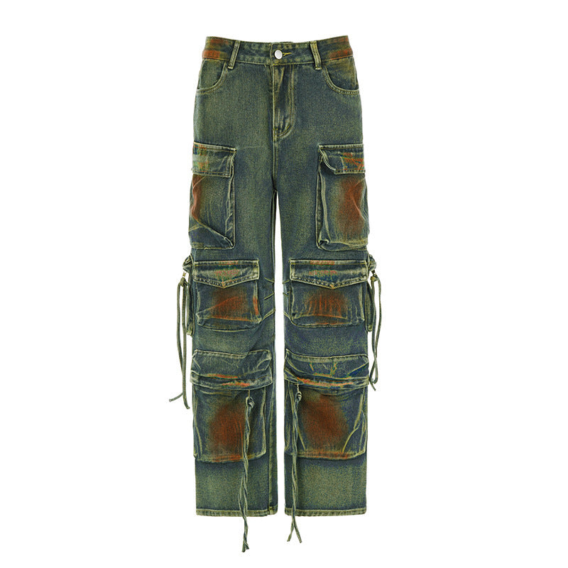 Retro Color Blooming Multi-pocket Loose Cargo Denim Trousers