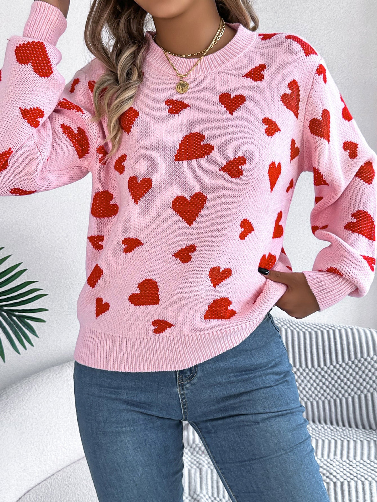Women Casual Color Block Heart Lantern Sleeve Pullover Sweater