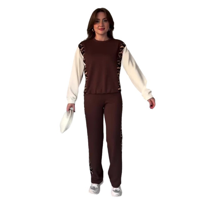 Women's Round-neck Contrast-color Long-sleeve Printed Casual Two-piece Set