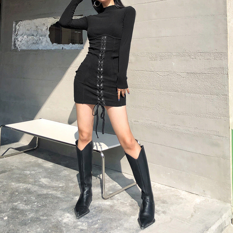 Half High Neck Patchwork Cross Tie Up Dress