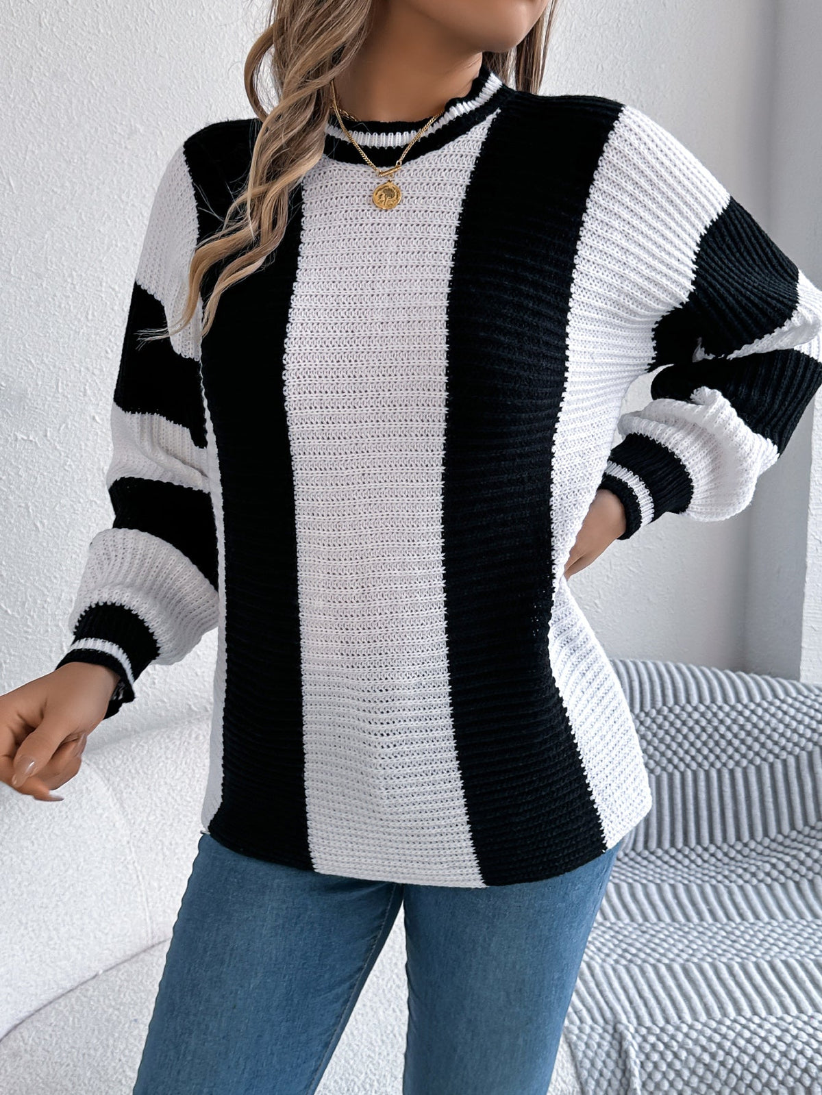 Women Casual Color Block Stripe Lantern Sleeve Pullover Sweater