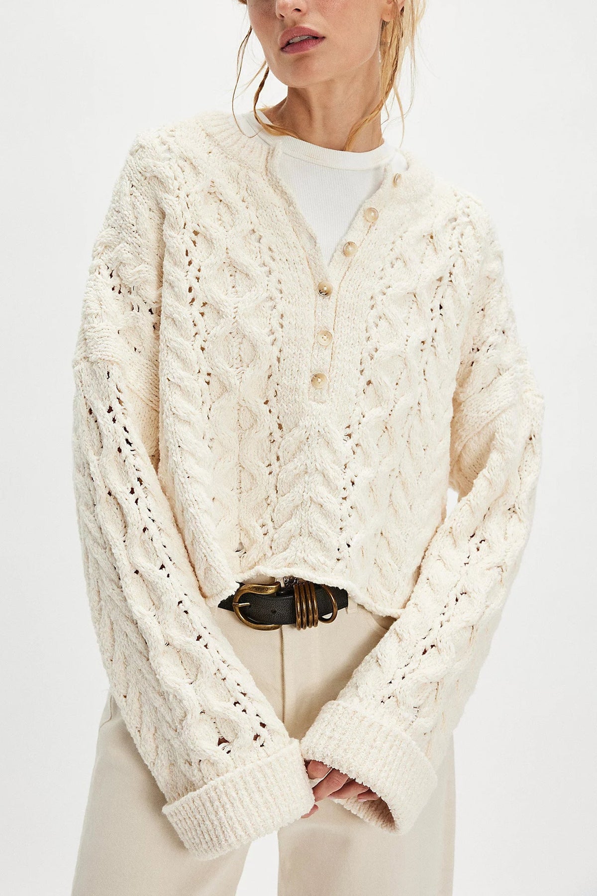 Cable Loose-fitting Solid Color Pullover Sweater