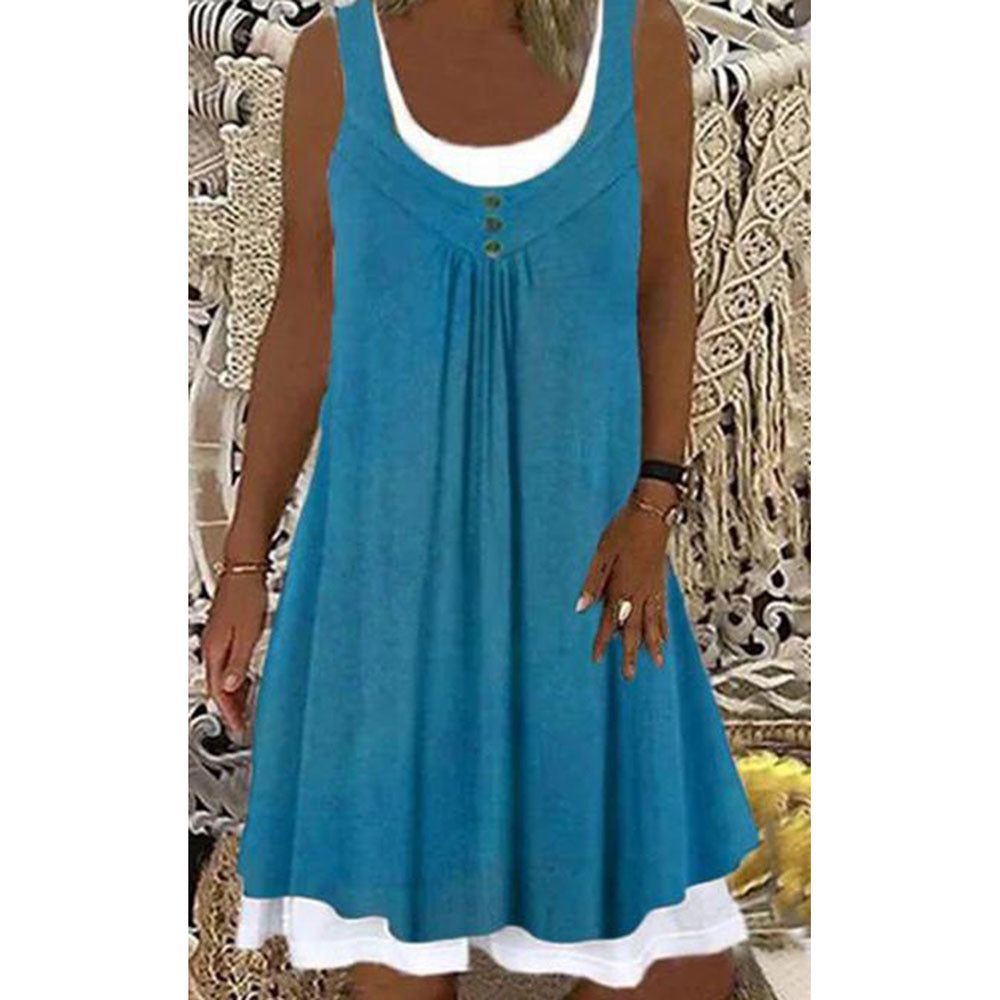 Women's Printed Patchwork Round Neck Sleeveless Pleating Dress
