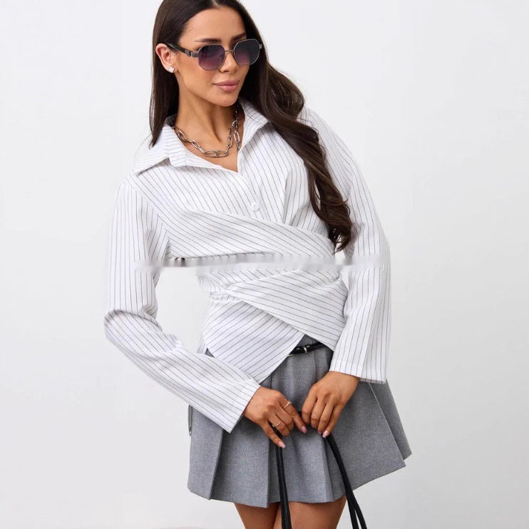 Women's Designer-style Shirt With A Turn-down Collar Slanted Front Placket And A Fitted Waist