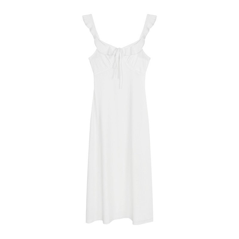 Gentle White Suspender Backless Dress Seaside Vacation