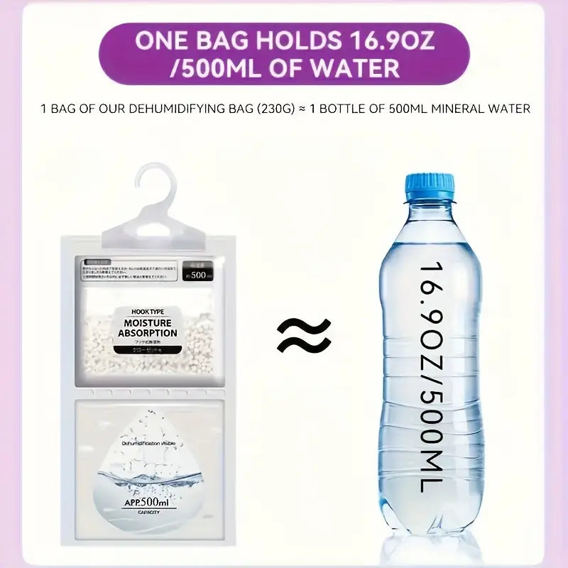 5-Pack Large Dehumidifier Bags 500ml – High Capacity Non-Electric Moisture Absorber for Closet, Wardrobe, Drawer & Home | Reusable Hanging Dehumidifiers, No Power Needed