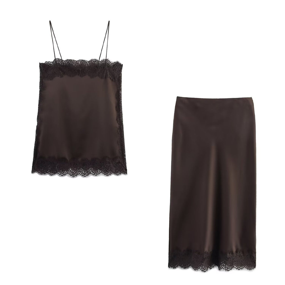 New Silk-satin Lace Top And Lace Midi Skirt