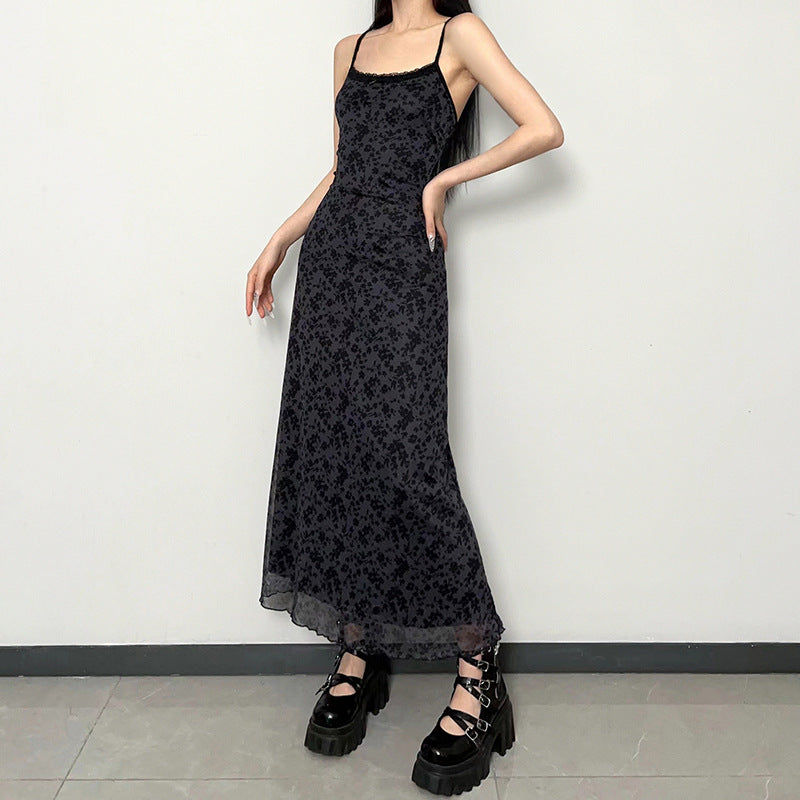 Dark Black Retro Floral Mesh Patchwork Dress