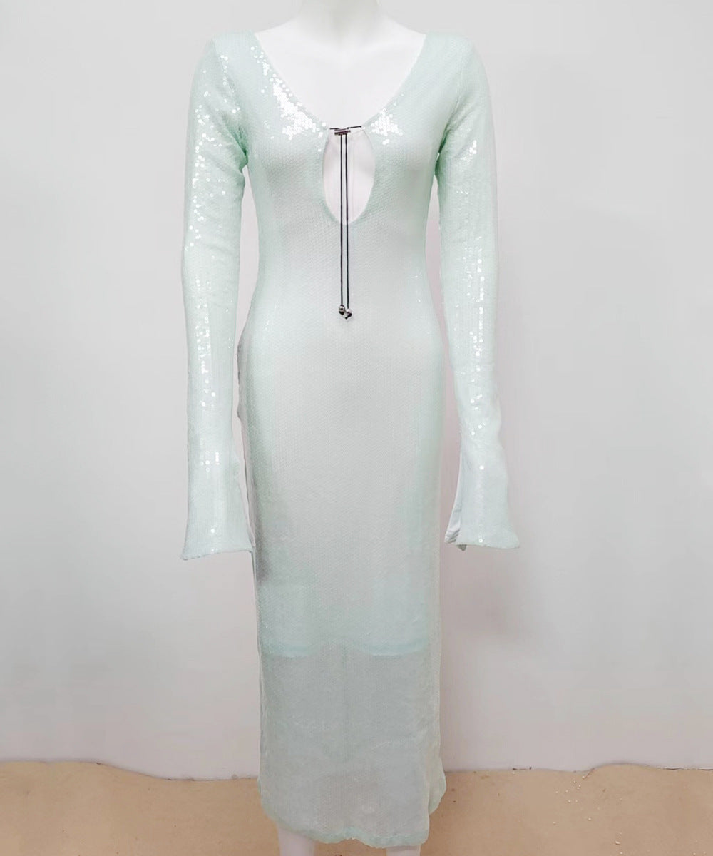Sequined V-neck Backless Dress Slim Fit