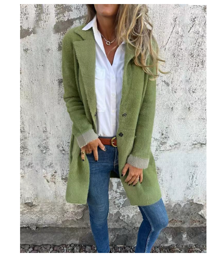 Polo Collar Pocket Cardigan Single-breasted Mid-length Plush Coat