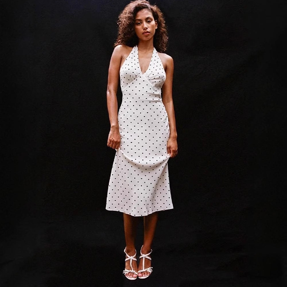 Retro V-neck Halter Slimming Dot Sexy Backless Dress
